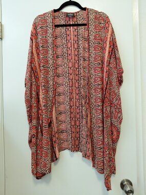 Angie‎ Women's Open Front Kimono Duster Red & Orange Paisley Boho Medium